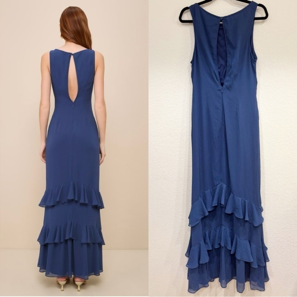 NWOT Lulus Lovely Arrival Dark Blue Chiffon Ruffled Tiered Maxi‎ Dress - Picture 5 of 9